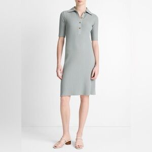 Vince Cotton-Blend Elbow-Sleeve Polo Dress size M Sea Stone